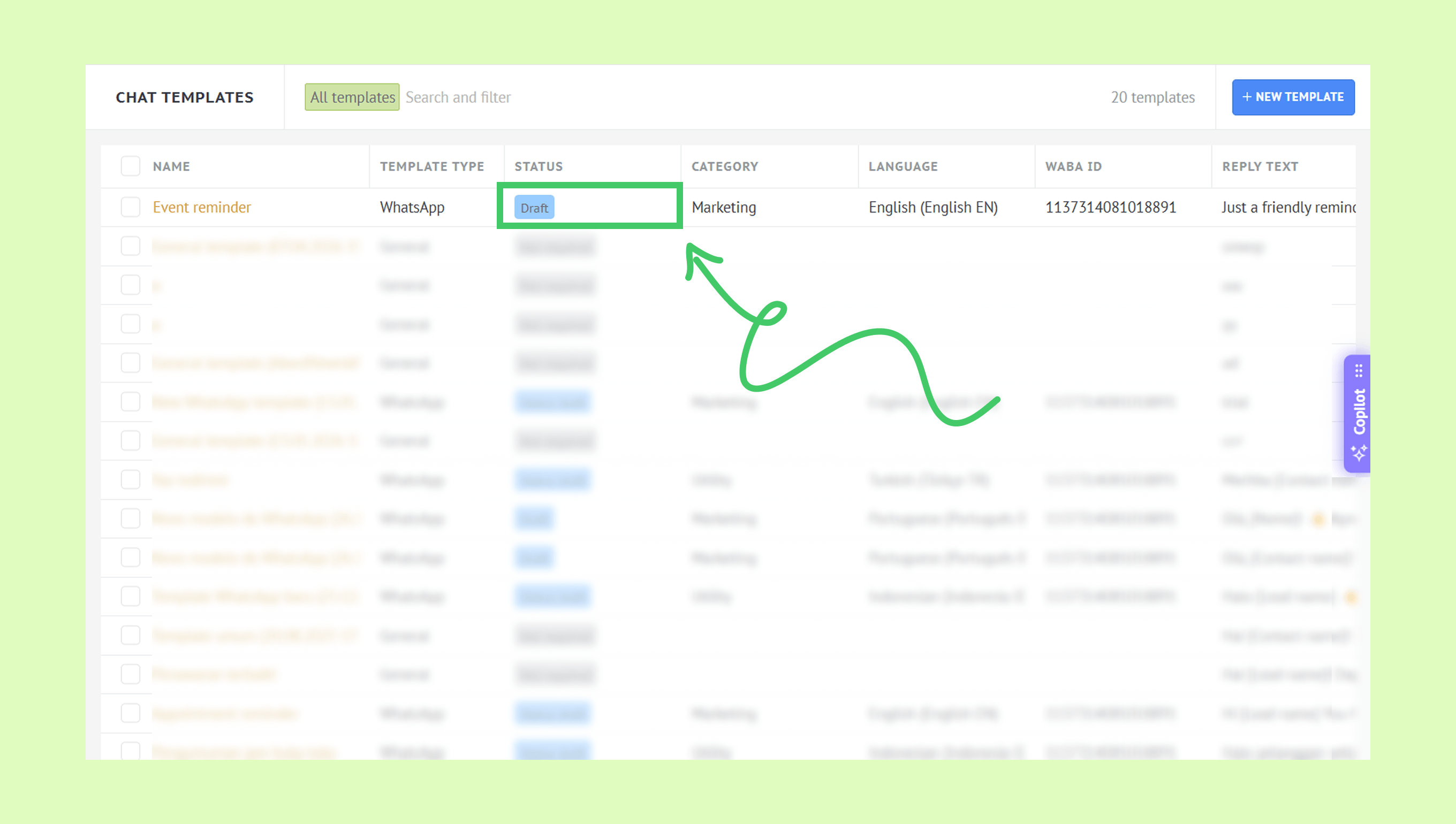 List of chat templates with highlighted status indicating a draft in marketing category.
